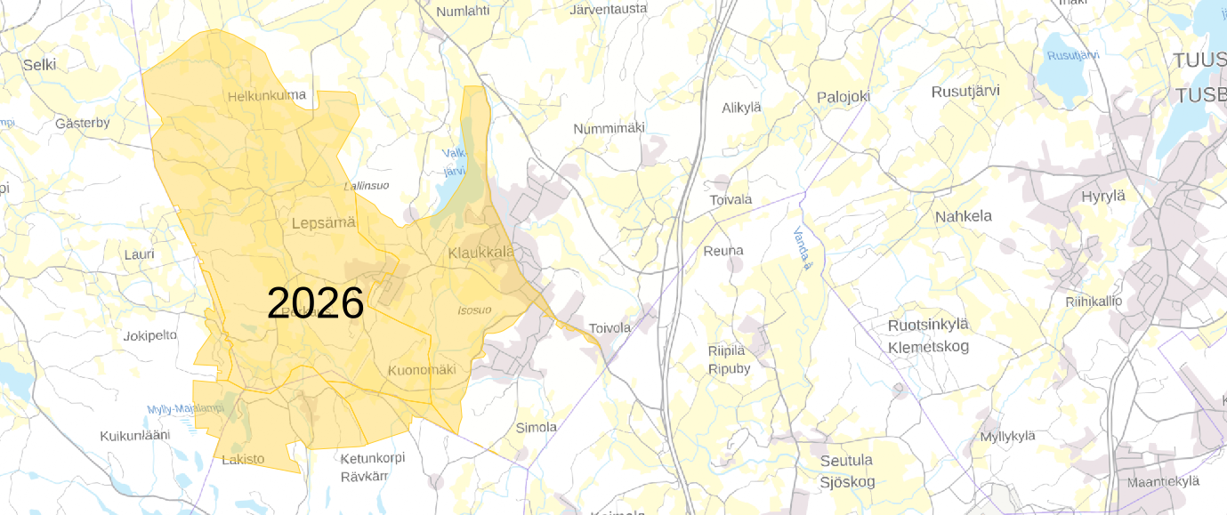 Kuvassa näkyy alue, jolla sähkömittarit vaihdetaan vuonna 2026
