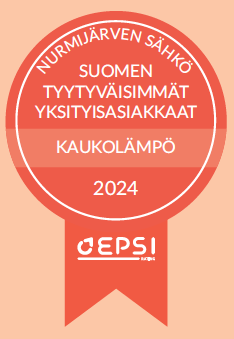 Kuvassa on mitali, jossa on teksti Nurmijärven Sähkö: Suomen tyytyväisimmät yksityisasiakkaat, kaukolämpö, 2024